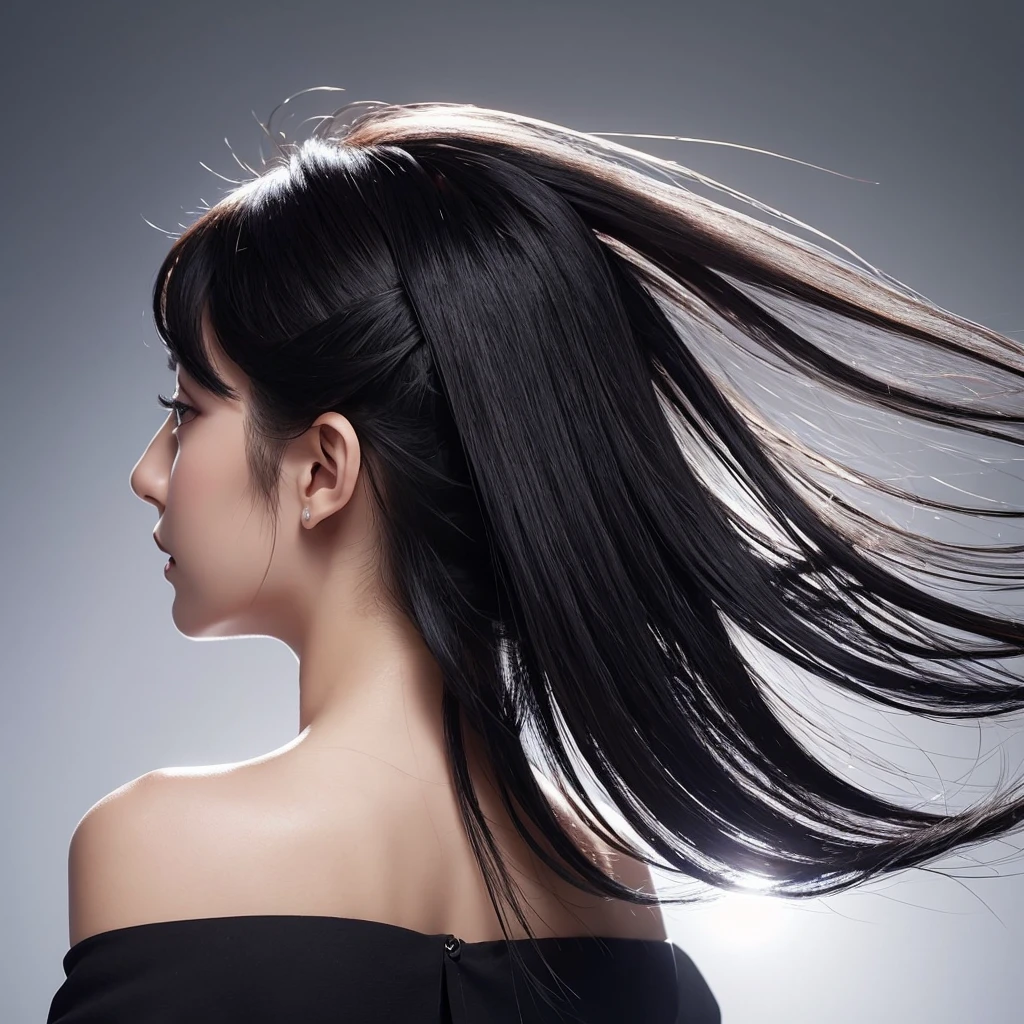 High quality, real photo, Japanese, black hair, shiny, beauty salon commercial, constant light intensity, only hair swaying, hair swaying in the wind, back view, silver background, hair length the same, only hair