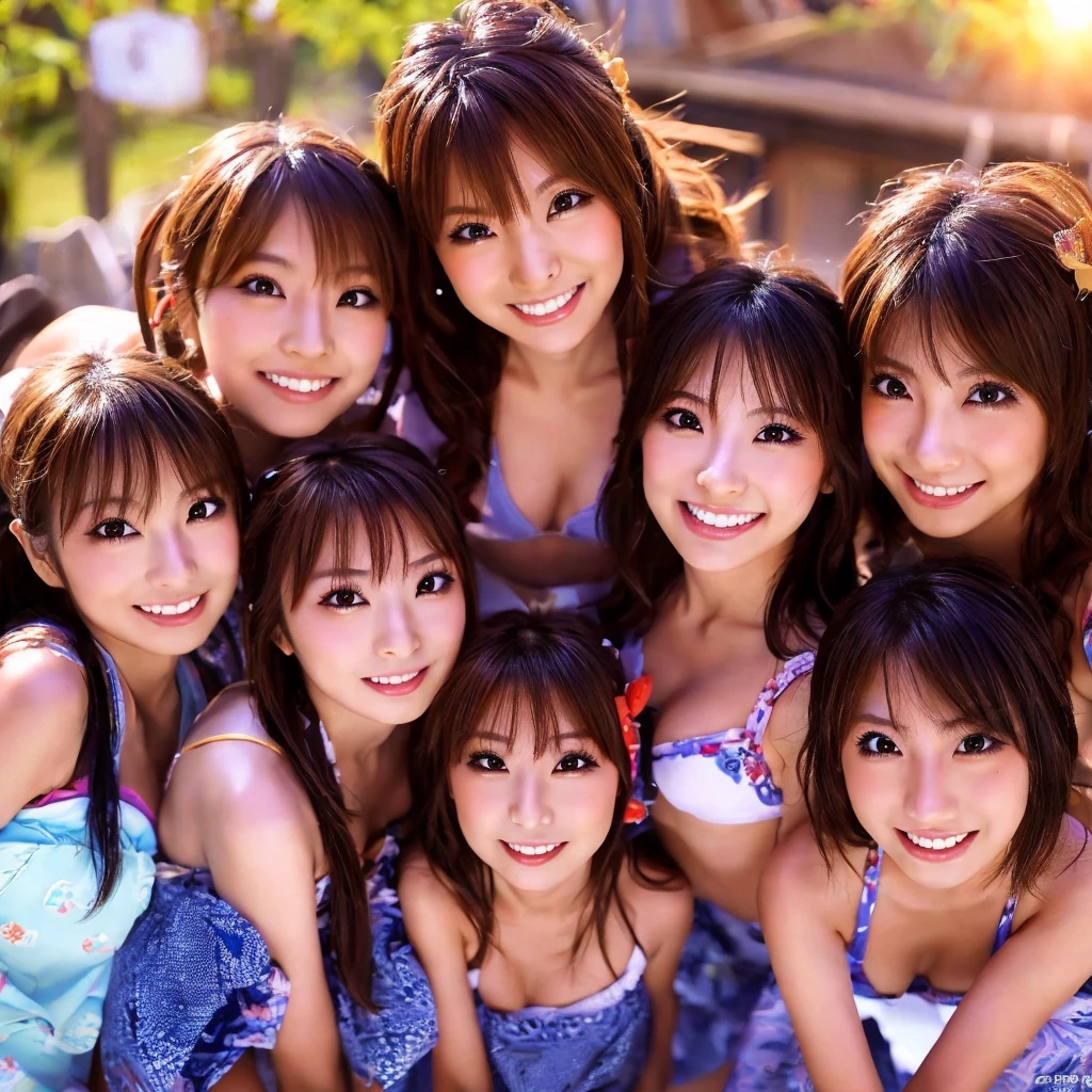 Close-up、masterpiece, 4K, Bokeh, , Beautiful girls, Group photo, Harem, Multiple Girls, (Japanese Idols:1.6), Bob Hair, close, classroom, sunset, Looking at the audience, Cowboy Shot