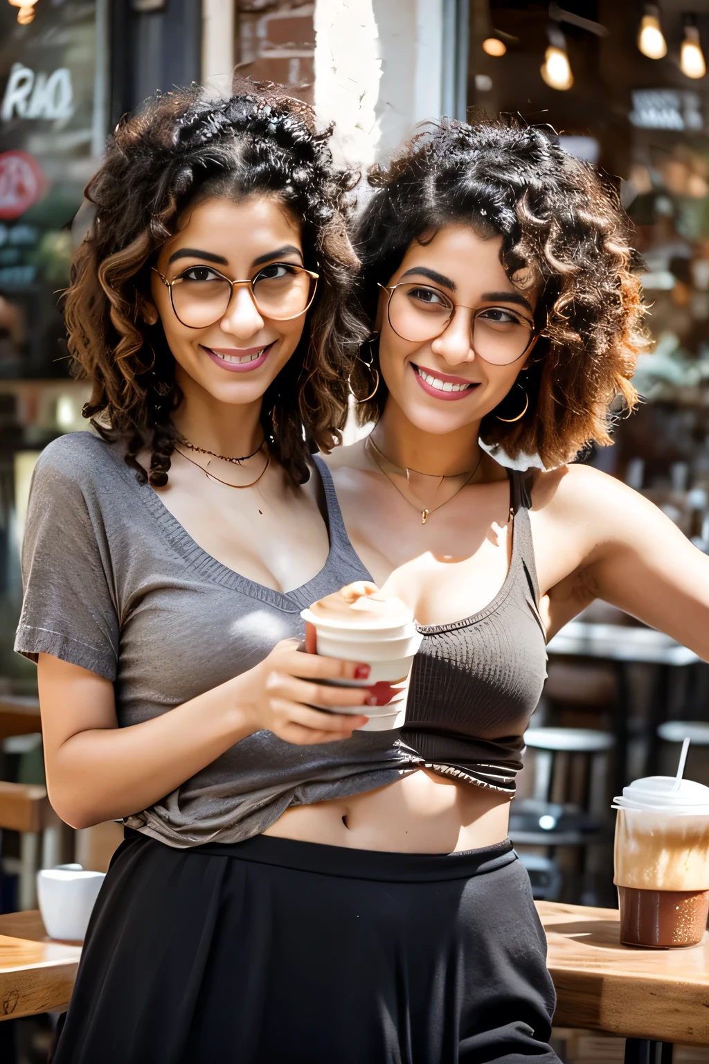2heads, female couple, age 28, two heads on one body, one torso, hipsters, middle eastern, curly hair, hipster fashion, at a coffee shop,