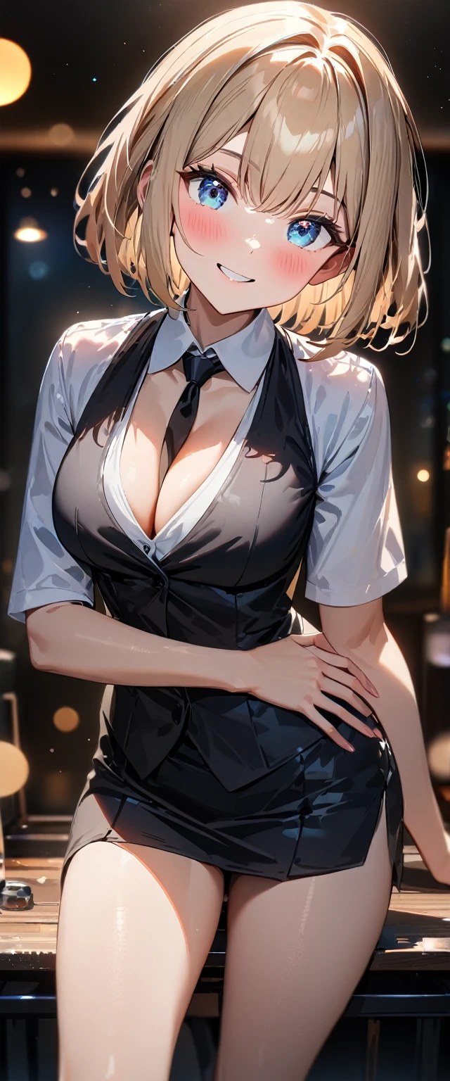 (((One girl))), blond hair, bob cut, (cowboy shot), (looking at viewer), (cleavage), face in focus, teenager, head tilt:1.3, (((blue eye))), ((happy smile)), ((blush)), contrapposto, one hand on hip, school summer uniform, white shirts, ((black tie under the waistcoat)), skirt, black waistcoat, anime style, (best quality, 4k, 8k, highres, masterpiece:1.2, ultra-detailed, ultra-detailed eyes, HDR, UHD, studio lighting, ultra-fine painting, sharp focus, physically-based rendering, extreme detail description, professional, vivid colors, bokeh)