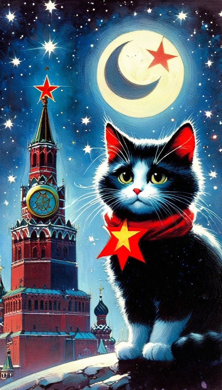 1communist cat, red star, magic, fantastic, night sky, moon, stars, background, Moscow (art inspired in Skottie Young and Bill Sienkiewicz). oil painting)