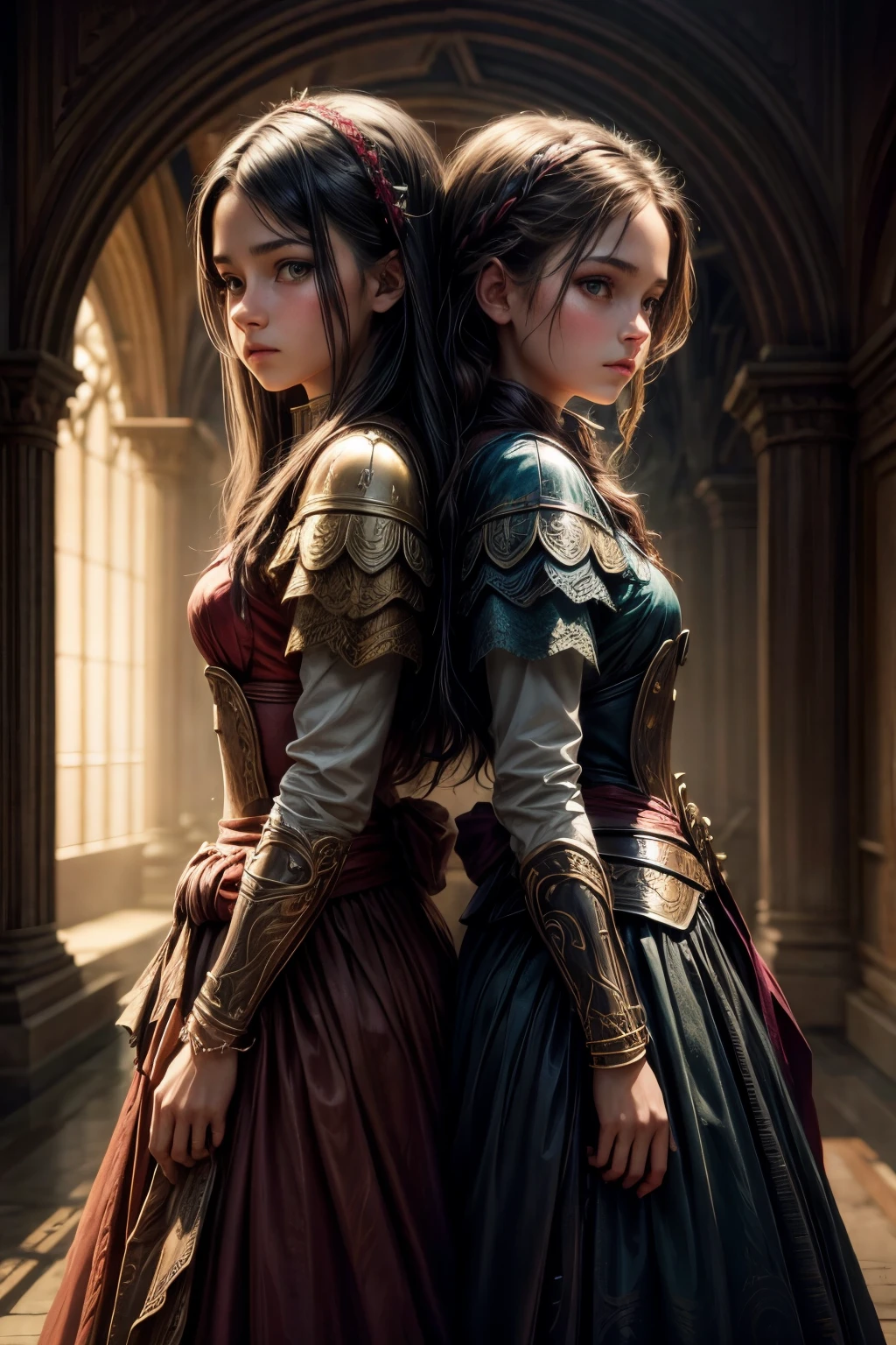 two sisters 15 years old and 13 years old, highly detailed, vibrant colors, dramatic lighting, fantasy art style, digital painting, cinematic composition, epic scale, masterpiece, award winning, warrior dress, 8k, photorealistic