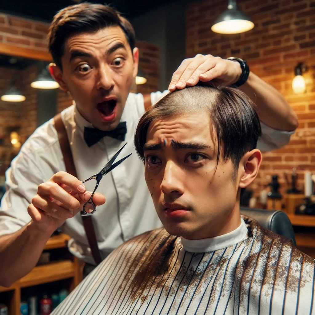 hyper realistic ,ultra detailed ,Very detailed scenes in 4K resolution asian men ,The 25 year old sat in the barber&#39;s chair with a disappointed expression.shaved the middle of his hair. A person who looked like Mr Bean next to him was holding scissors and had an exaggerated expression of surprise. The background shows a barbershop interior with brick walls and warm lighting, create a comfortable atmosphere. Exceptional clarity and detail.