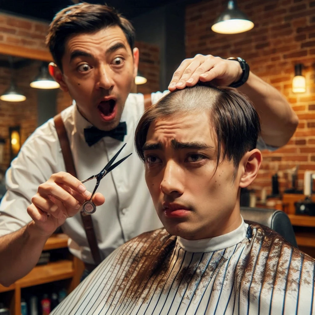 hyper realistic ,ultra detailed ,Very detailed scenes in 4K resolution asian men ,The 25 year old sat in the barber&#39;s chair with a disappointed expression.shaved the middle of his hair. A person who looked like Mr Bean next to him was holding scissors and had an exaggerated expression of surprise. The background shows a barbershop interior with brick walls and warm lighting, create a comfortable atmosphere. Exceptional clarity and detail.