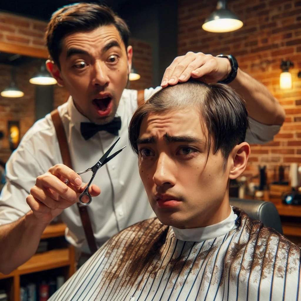 hyper realistic ,ultra detailed ,Very detailed scenes in 4K resolution asian men ,The 25 year old sat in the barber&#39;s chair with a disappointed expression.shaved the middle of his hair. A person who looked like Mr Bean next to him was holding scissors and had an exaggerated expression of surprise. The background shows a barbershop interior with brick walls and warm lighting, create a comfortable atmosphere. Exceptional clarity and detail.