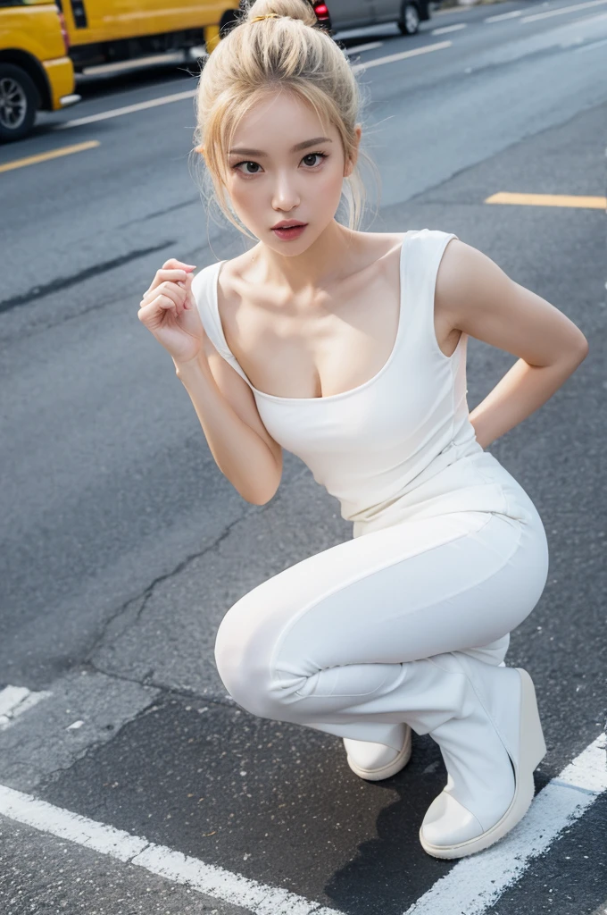 A yellow-skinned man kneeling on the ground，Licking a standing white person&#39;s ass，And white people are very unhappy。