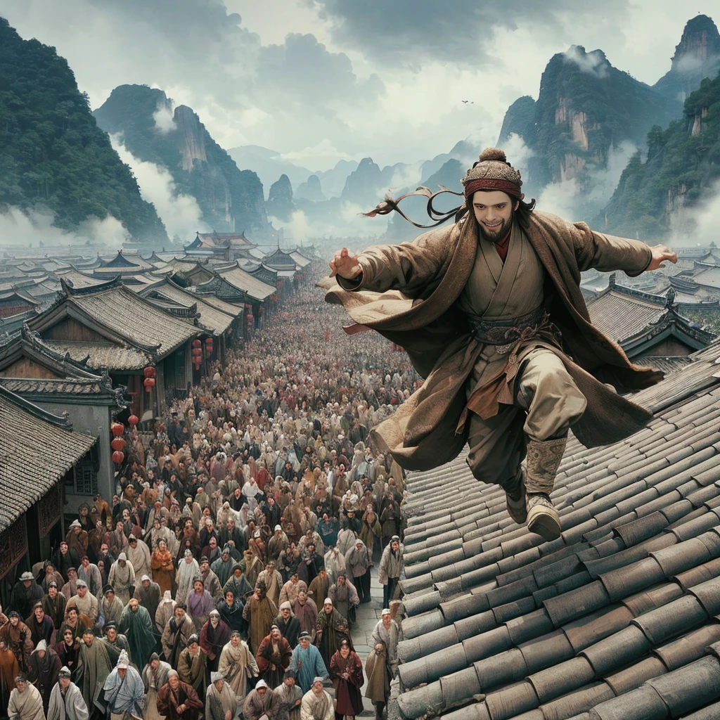 (Best Quality:1.2), (high resolution:1.2), (beautiful face and eye:1.2), (sharpest focus:1.2), (Ultra-realistic Photo:1.2), (Ultra-precise Photo:1.2), (Depth of field:1.2), (perfect :1.2), (nice hands:1.2), (perfect hands:1.2), 
(Chinese period drama:1.0), (35 years old:1.8), (Dull commoner very small man in Song dynasty China:1.5), (Lowly but somehow charming smile:1.8), (Leaping over the roof with great ease:1.8), (Hunchback:1.0), 
(Many soldiers chasing a small man in a capture book:1.0 ), (towel wrapped around head:1.0), 