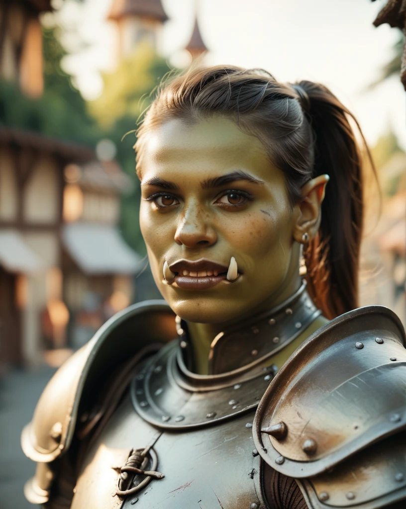 score_9, score_8_up, score_7_up, portrait of orc woman, cultural portrait, natural lighting, brown eyes, warrior, (ponytail), armor, tusks, village background, realistic