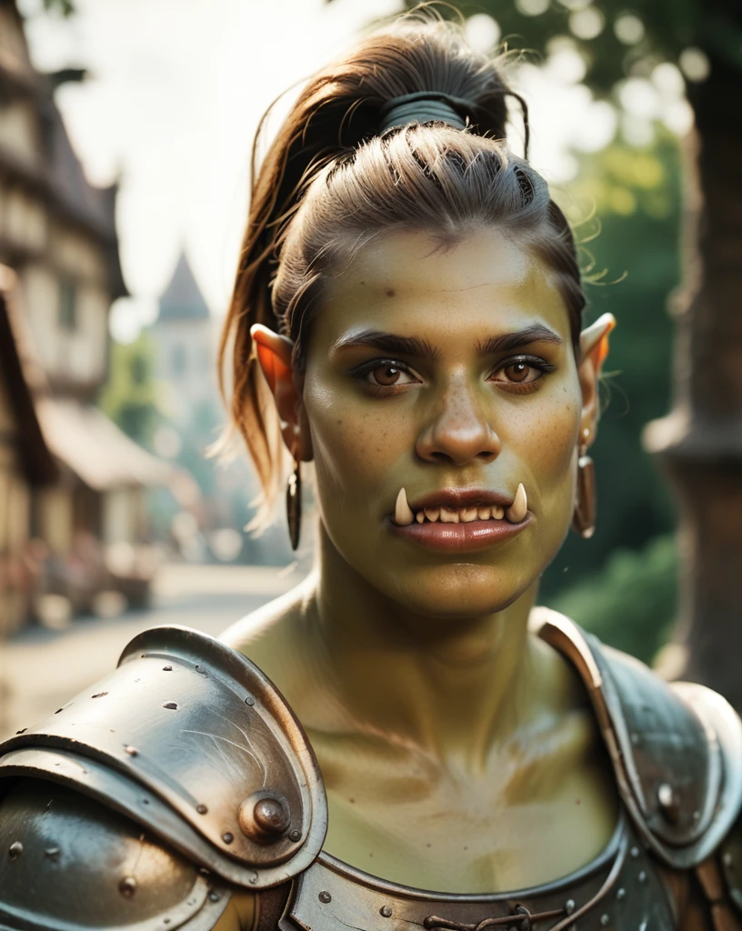 score_9, score_8_up, score_7_up, portrait of orc woman, cultural portrait, natural lighting, brown eyes, warrior, (ponytail), armor, tusks, village background, realistic