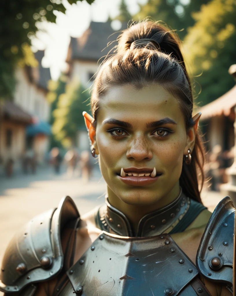 score_9, score_8_up, score_7_up, portrait of orc woman, cultural portrait, natural lighting, brown eyes, warrior, (ponytail), armor, tusks, village background, realistic