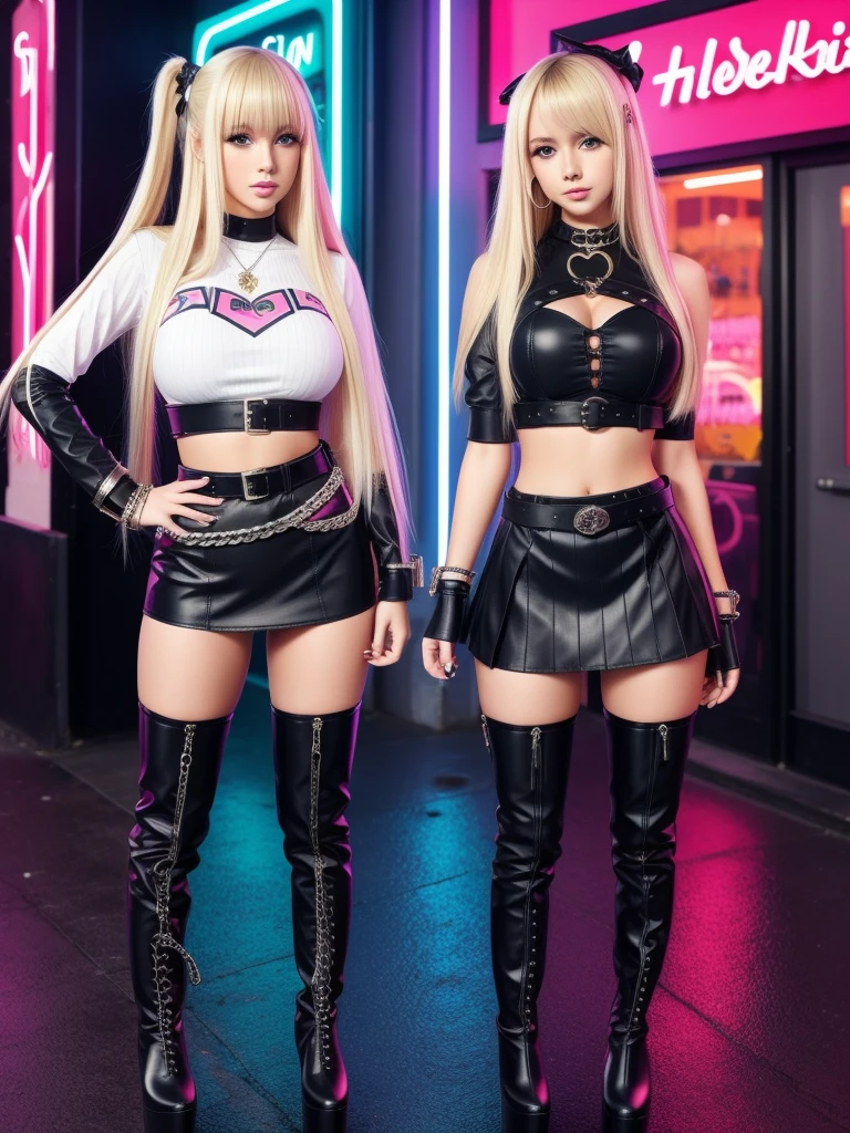 2 girls, An American woman、blond long straight hair、Female sexy、 huge breasts, Knee-high boots with a high platform,big wide belts, leg belts, chains , big belts, gothic miniskirt,big lips, cute, pretty, anime, pastel, neon, crop top, bracelet hoops,