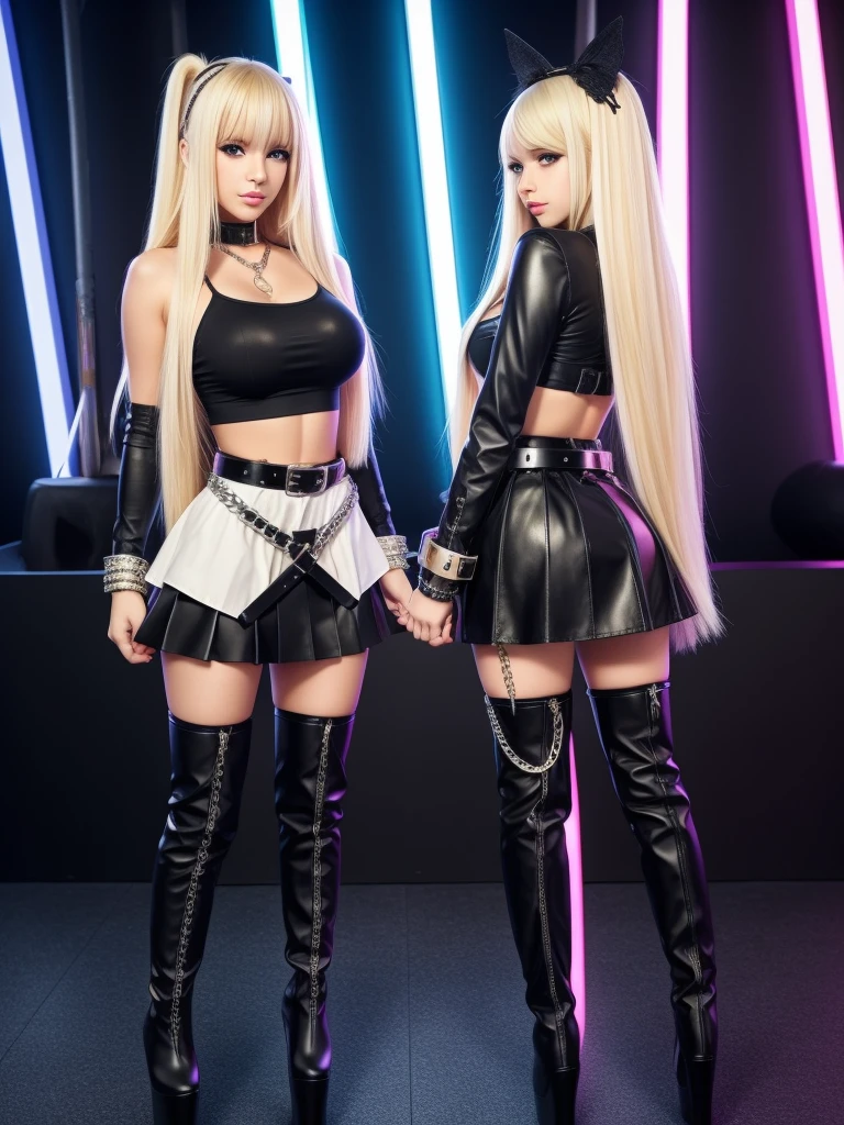 2 girls,  An American woman、blond long straight hair、Female sexy、 huge breasts, Knee-high boots with a high platform,big wide belts, leg belts, chains , big belts, gothic miniskirt,big lips,  cute, pretty, anime, pastel, neon, crop top, bracelet hoops, 