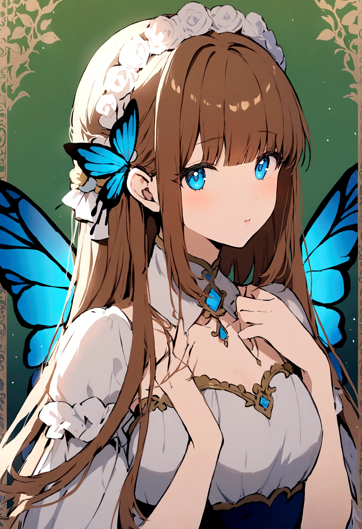 Adult girl, long brown hair with bangs, blue butterfly wings, blue eye color 