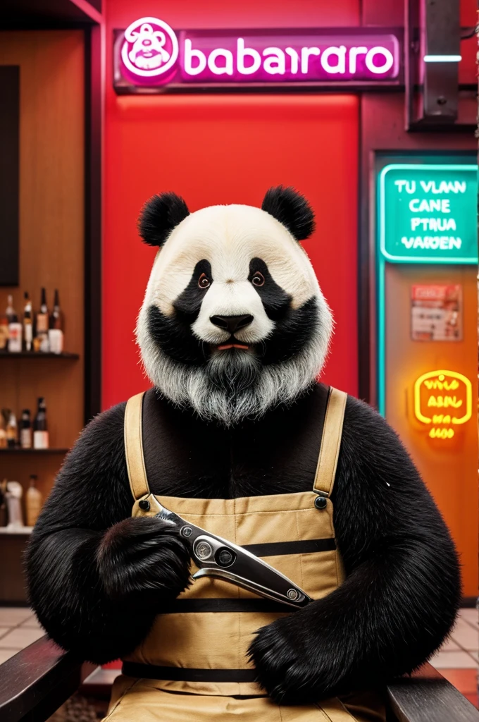 high quality, Panda Barbero with beard, scissors, razors. neon