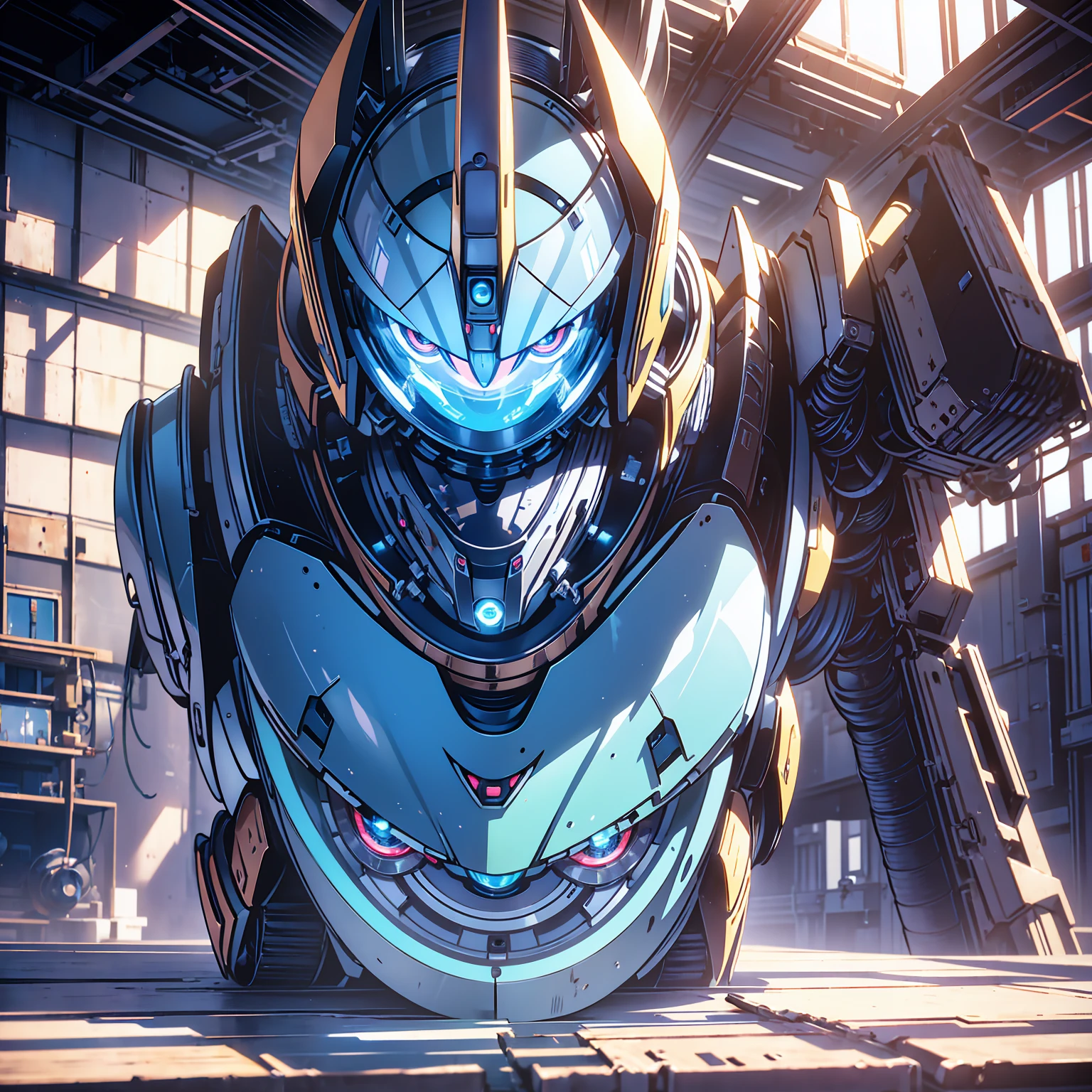Anime characters, one teenage anime girl, silvery blue hair, bright blue star-shaped eyes, one Robot, Cape, Luminous Eyes, Rugged, Fantasy, Lights, outdated, old style, dark blue, bronze, Room with window, sitting