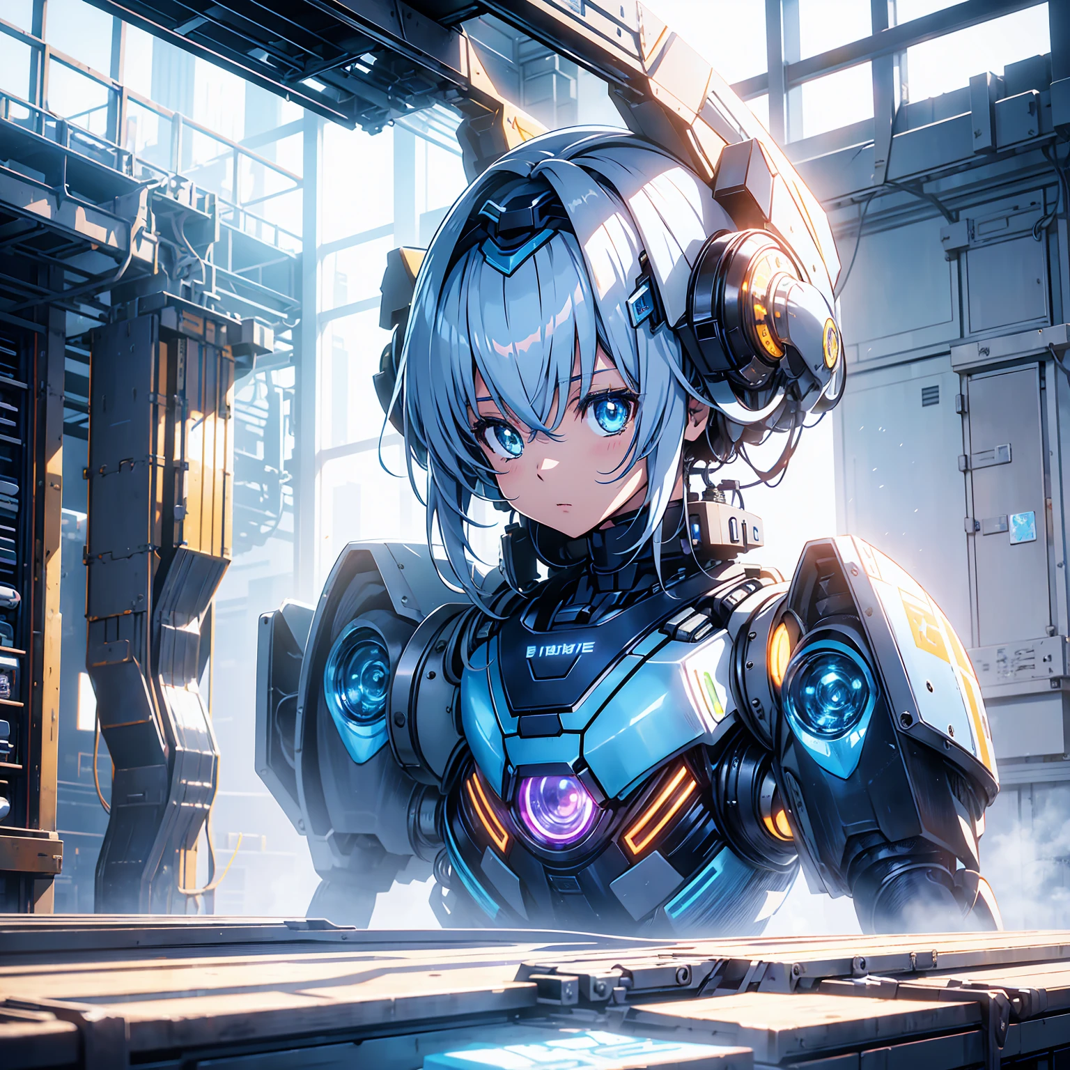 Anime characters, one age anime girl, silvery blue hair, bright blue star-shaped eyes, one Robot, Cape, Luminous Eyes, Rugged, Fantasy, Lights, outdated, old style, dark blue, bronze, Room with window, sitting