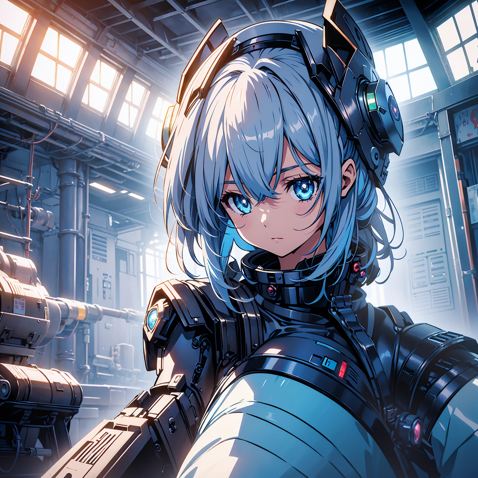 Anime characters, one teenage anime girl, silvery blue hair, bright blue star-shaped eyes, one Robot, Cape, Luminous Eyes, Rugged, Fantasy, Lights, outdated, old style, dark blue, bronze, Room with window, sitting