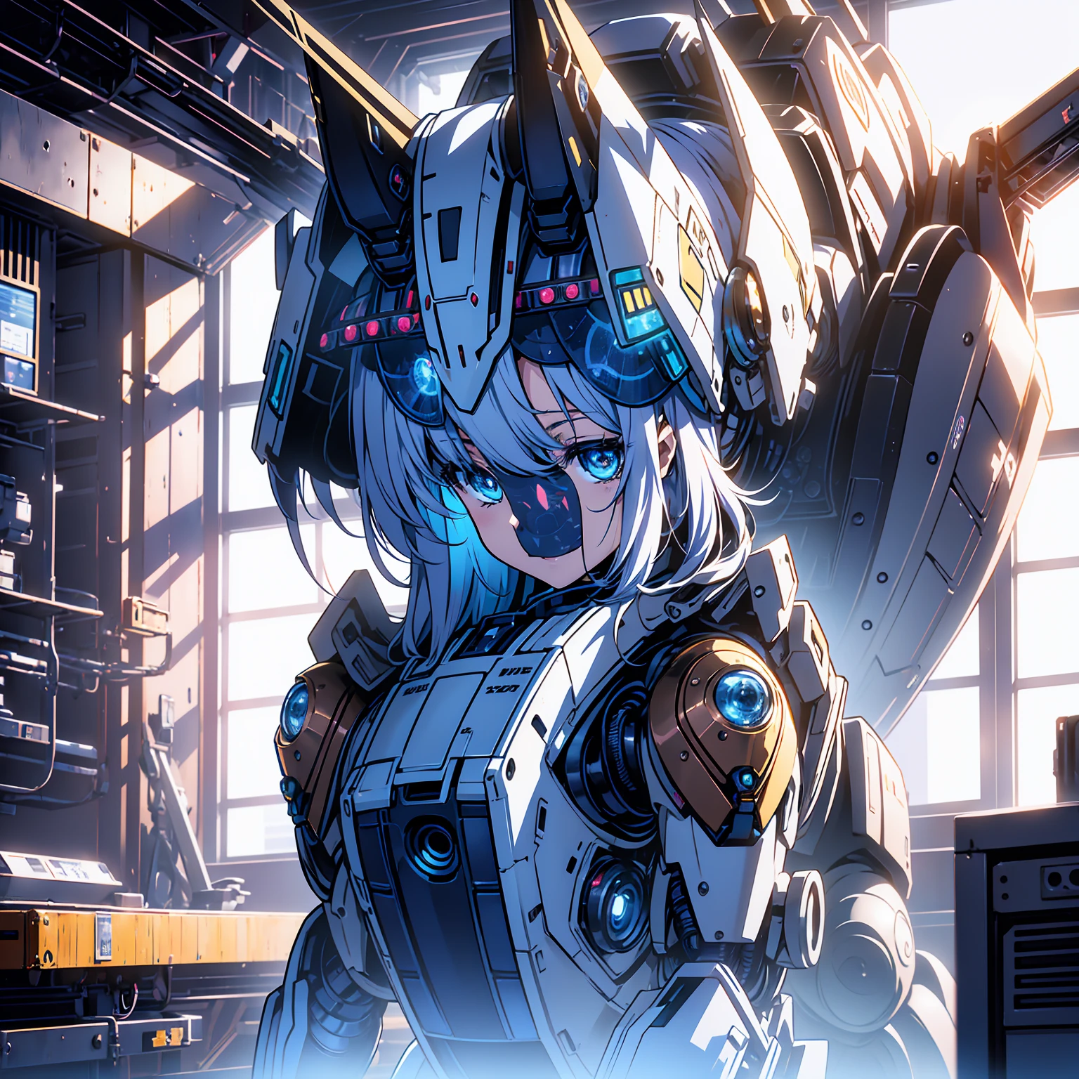 Anime characters, one teenage anime girl, silvery blue hair, bright blue star-shaped eyes, one Robot, Cape, Luminous Eyes, Rugged, Fantasy, Lights, outdated, old style, dark blue, bronze, Room with window, sitting