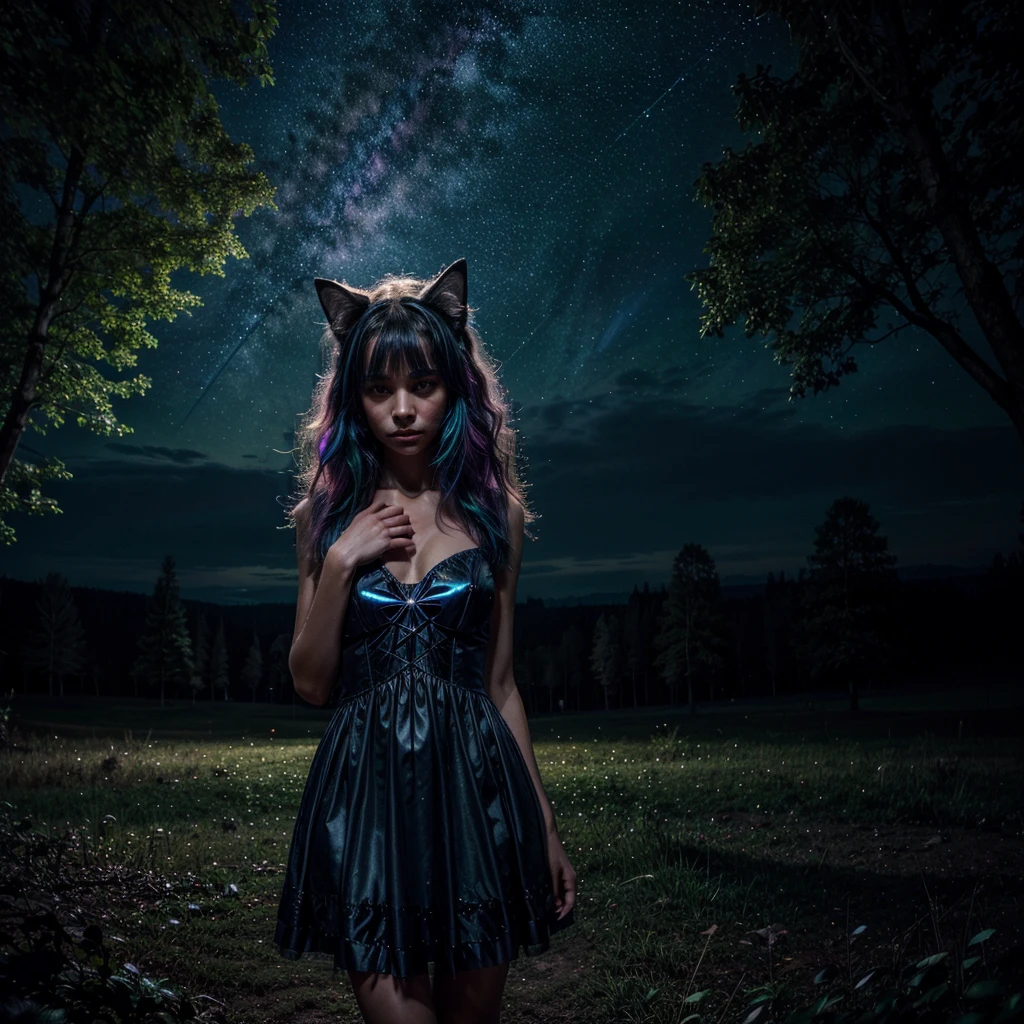 Hyperrealistic digital art of a cat girl clad in a mysterious dress, standing in the heart of a forest emitting a natural glow, surrounded by a night landscape under a starry kaleidoscope sky, surreal atmosphere of nocturnal enchantment, colors infused with night magic radiating mystical beauty, creating a dream-like environment, high precision detailing, soft natural light, luminous grove, magical colors, cinematic, ultra fine