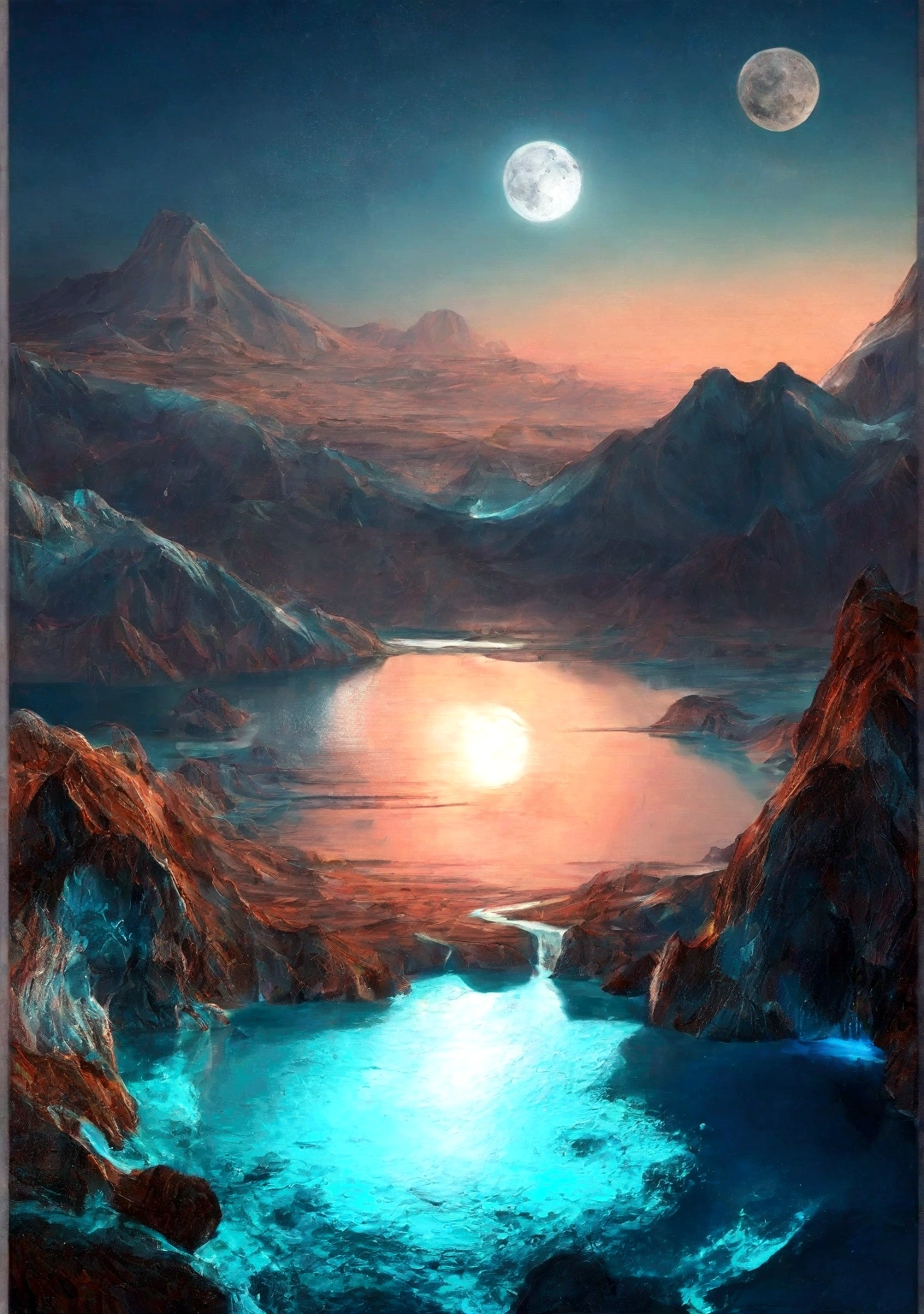 Mountain range view with lake and full moon, Digital Art by Alexander Kucharsky, tumbler, Digital Art, bright blue glowing water, Beautiful exotic landscape, glowing water, blue glowing, Wonderful exotic landscapes, Breathtaking alien landscapes, Amazing alien landscapes, fractal!! water, Cyan lighting. Fantasy, Surreal frozen landscape, water everwhere Fantasy