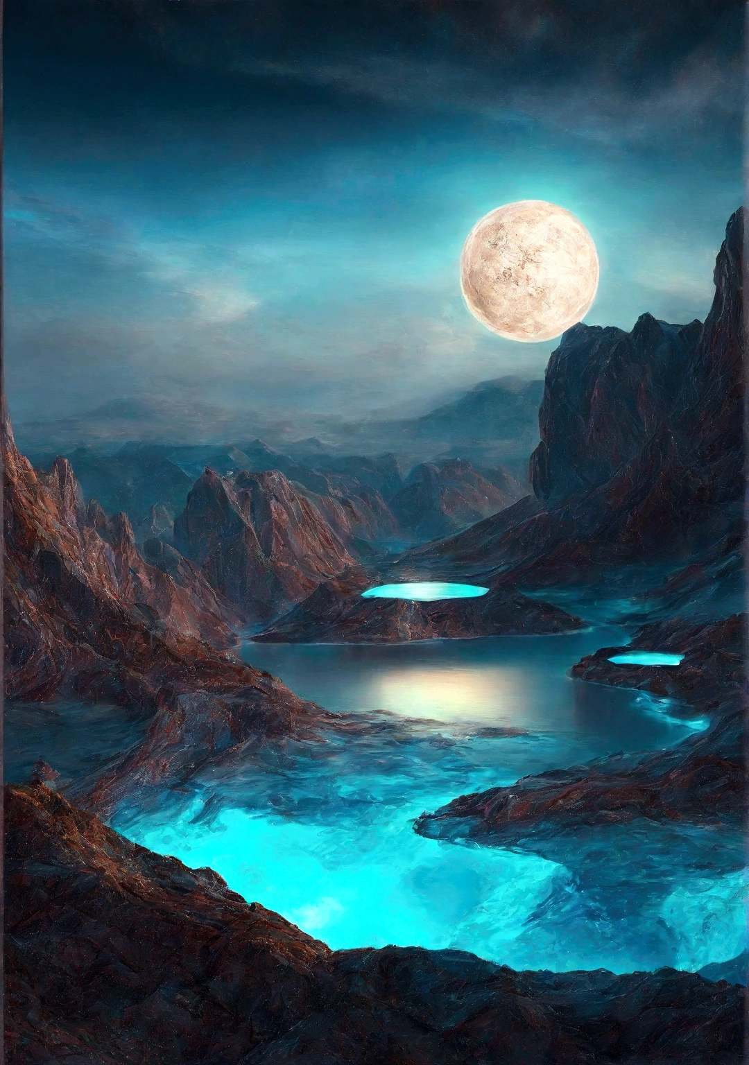 Mountain range view with lake and full moon, Digital Art by Alexander Kucharsky, tumbler, Digital Art, bright blue glowing water, Beautiful exotic landscape, glowing water, blue glowing, Wonderful exotic landscapes, Breathtaking alien landscapes, Amazing alien landscapes, fractal!! water, Cyan lighting. Fantasy, Surreal frozen landscape, water everwhere Fantasy