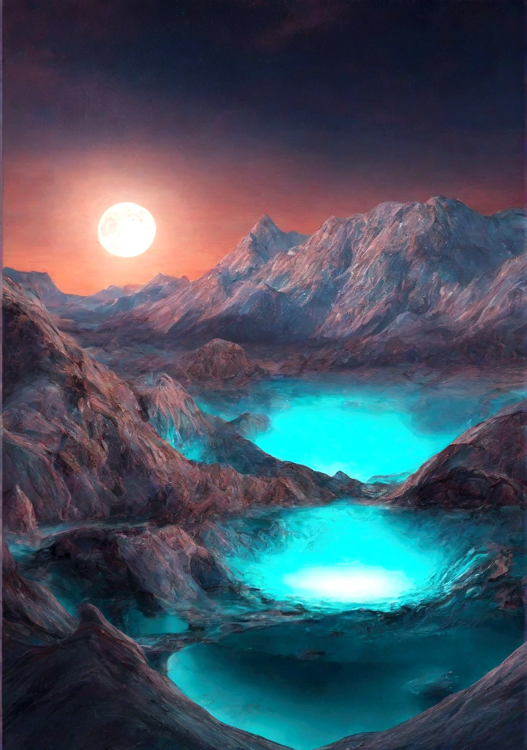 Mountain range view with lake and full moon, Digital Art by Alexander Kucharsky, tumbler, Digital Art, bright blue glowing water, Beautiful exotic landscape, glowing water, blue glowing, Wonderful exotic landscapes, Breathtaking alien landscapes, Amazing alien landscapes, fractal!! water, Cyan lighting. Fantasy, Surreal frozen landscape, water everwhere Fantasy