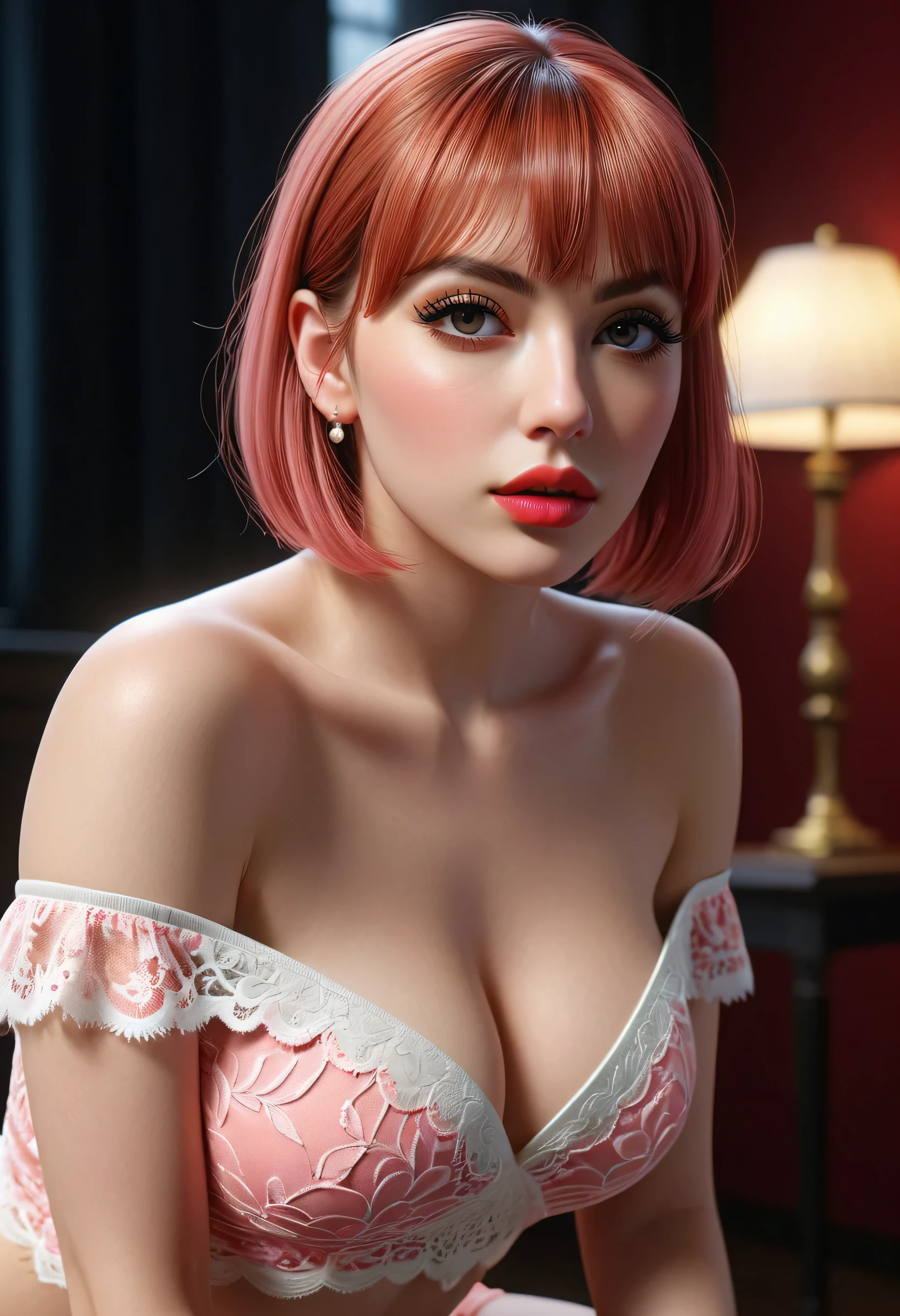 photorealistic Realism 16K Quality: ((Hyper details realistic black_eyes)), ((finely details pupils)), Perfect makeup, ((detailed symmetrical lips)), ((V-line jaw)), pink_lipstick, (Hyper detailed eyelashes), ((perfect dark_eyeshadows)), (Detailed nose:1.2), (perfect composition), pale skin, (dry skin), 16K resolution, intricate, elegant, highly detailed, The attention to detail, Double eyelids, Wear an off-the-shoulder top, full bodyesbian, (((light red short ((side swept bangs)), extremely detailed))), (white lacy), ((in kneeling position:1.3)), ((leaning forward)), (Erotic), (sharp focus), ((from below:1.3)), (looking at viewer), ((hyper realistic, 16k, vibrant colors, sharp crisp image))