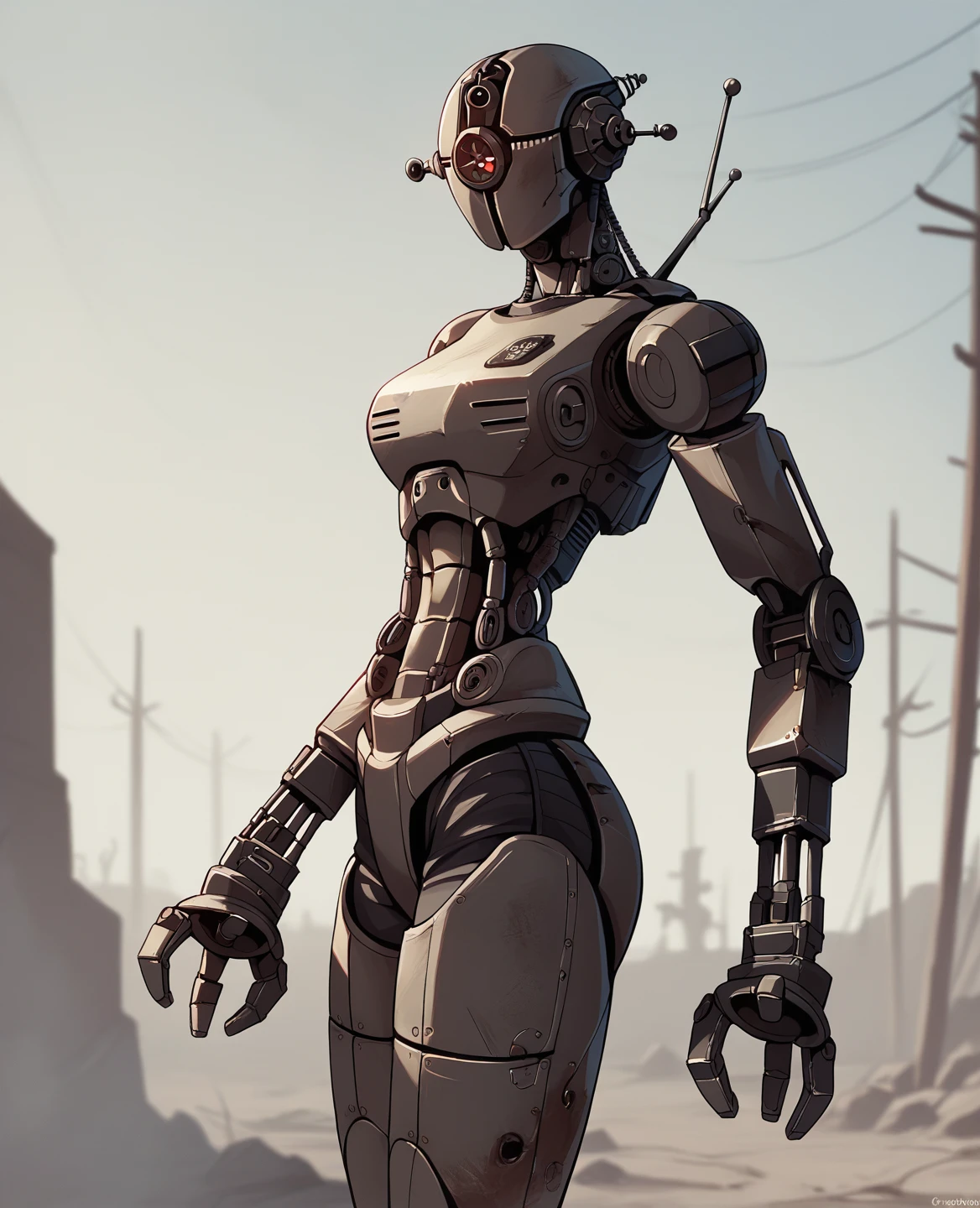score_9, score_8_up, score_7_up, score_6_up, score_5_up, source_furry, assaultron, fallout, solo, looking at viewer, robot, humanoid robot, robot joints, one-eyed, joints, no humans, dark black skin, mechanical arms, science fiction, post-apocalypse, outside, robotic hand, 3 fingers, dark black armor