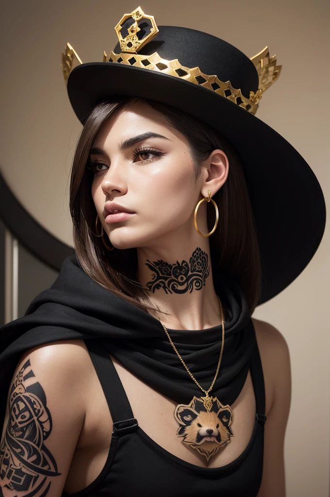 Create the face of a capybara with a bad face and gangster style, with the design of a crown-shaped tattoo above the left eyebrow, with gold hoop earrings in both ears and a black hat facing backwards. 