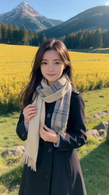 8K, Highest quality, masterpiece, Realistic, Super detailed, photo Realistic, Improvement of quality,
Photo of a girl standing in a field wearing a scarf, The designer's dark and gloomy style, Large chunk, Photobash, Calm face, Jagged Edges, navy, Natural Beauty, Close-up shot