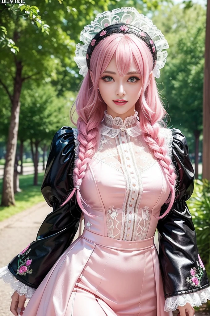 sexy stylish Swedish model, only 1 female, ((doll-like appearance)), long neon pink stylish hair, ((shiny Victorian-Style boots)), (happy smile), ultra detailed eyes, very detailed eye makeup, lipgloss, long lashes, defined eyebrows, ((sexy Paradise Kiss cosplay)), bell-shaped skirt, petticoats, high neckline, puffed sleeves, ((ultra detailed lace)), ((ultra detailed embroidery)), intricate details, Paradise Kiss accessoires and matching headpiece, choker, ((large sparkling Paradise Kiss jewelry)), cinematic light, detailed large park background with trees