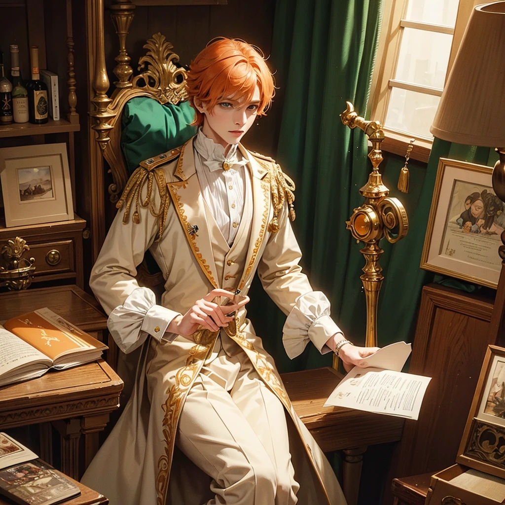Fantasy prince orange hair and victorian beige clothes green eyes delicate scottish Effeminate