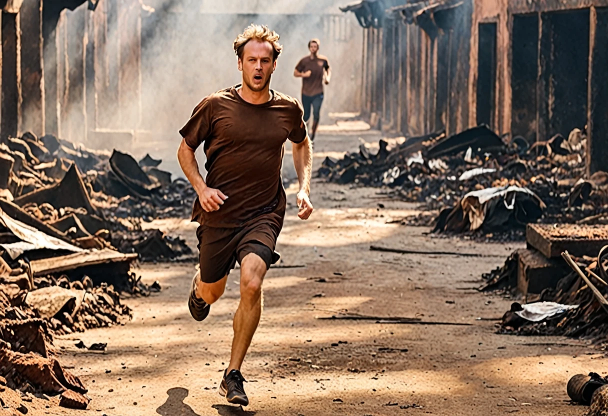 1 white man running, with brown t-shirt in rags, in hell