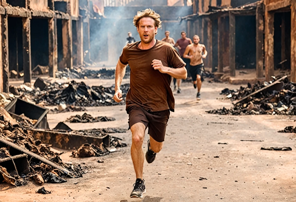 1 white man running, with brown t-shirt in rags, in hell