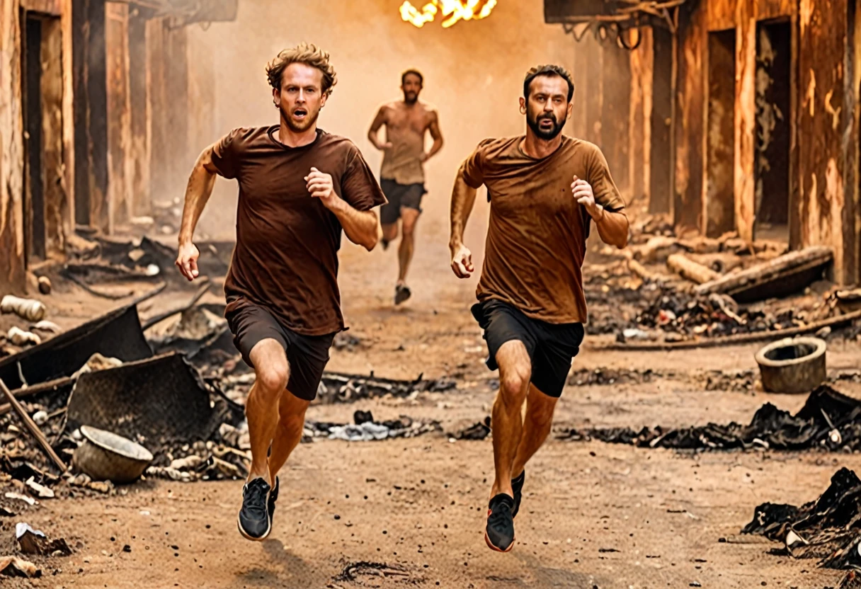 1 white man running, with brown t-shirt in rags, in hell
