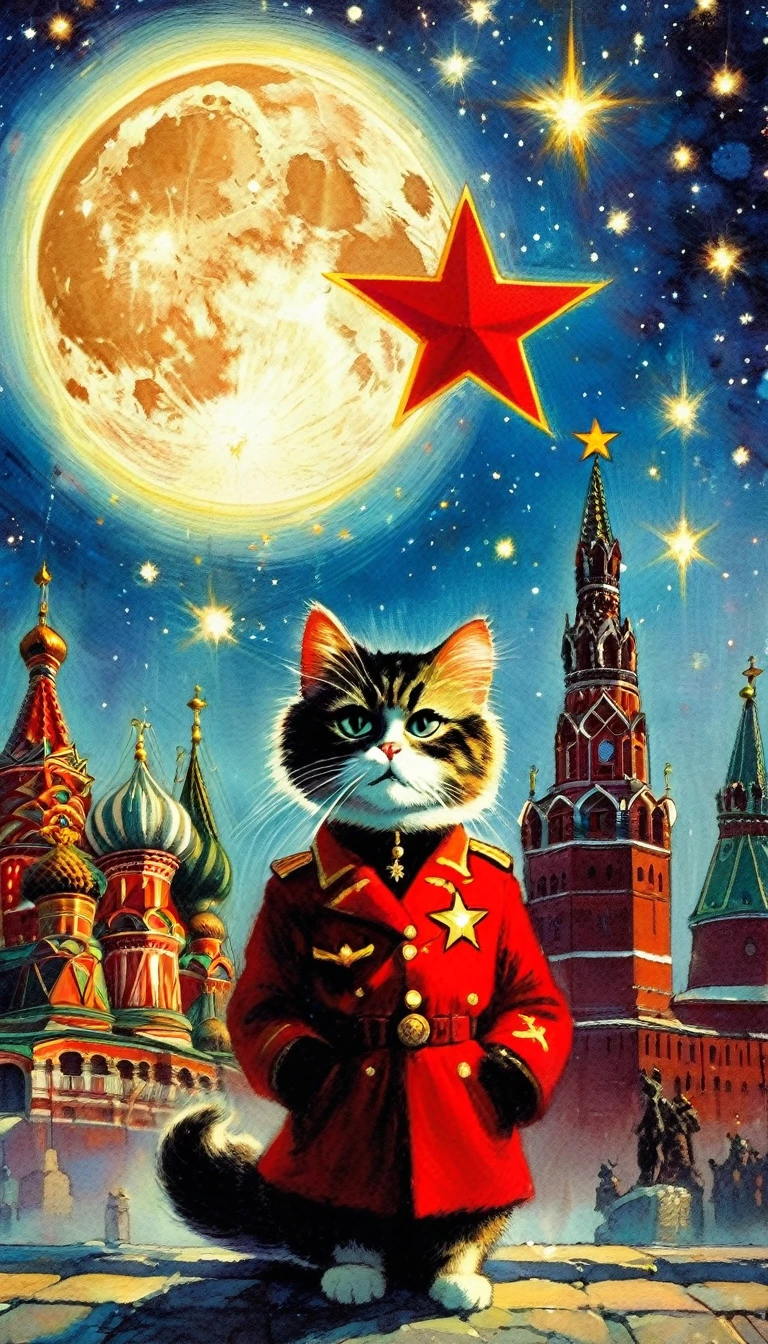 1communist cat, red star, magic, fantastic, night sky, moon, stars, background, Moscow (art inspired in Skottie Young and Bill Sienkiewicz). oil painting)