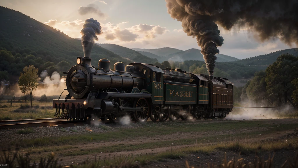 ((masterpiece)), ((best quality)), ((highres)), ((extremely detailed)), ((long shot)), ultra realistic, concept art, elegant, ((intricate)), ((highly detailed)), depth of field, ((professionally color graded)), soft ambient lighting, dusk, (Best quality, A high resolution, Photorealistic, primitive, 8K,Masterpiece, ),Best quality, Masterpiec8K.hdr. High ribs:1.2, filmgrain, Blur bokeh:1.10, Lens flare, (vivd colour:1.10), (Delicate), full side view of 1800 wild west style 4-4-0 wheel arrangement Diamond stack steam locomotive with tender full of wooden logs steaming through open landscape
