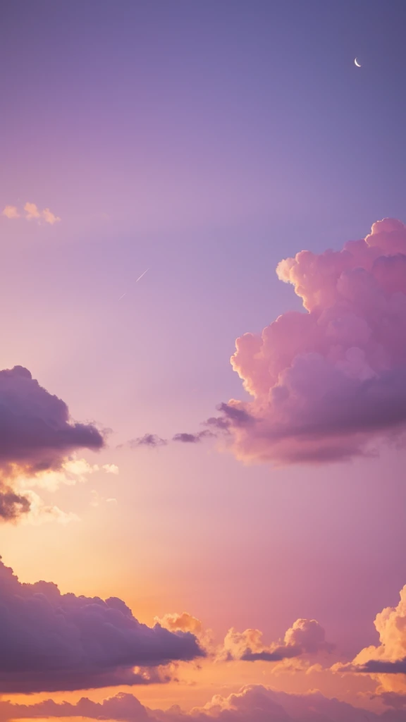 Pale pink-yellow clouds,Floating in the pale purple sky,The pale yellow full moon is big and bright in the middle of the sky