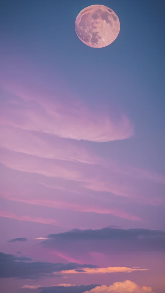 Pale pink-yellow clouds,Floating in the pale purple sky,The pale yellow full moon is big and bright in the middle of the sky