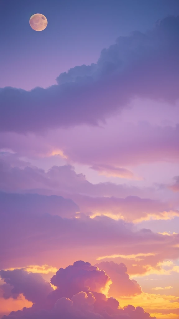 Pale pink-yellow clouds,Floating in the pale purple sky,The pale yellow full moon is big and bright in the middle of the sky