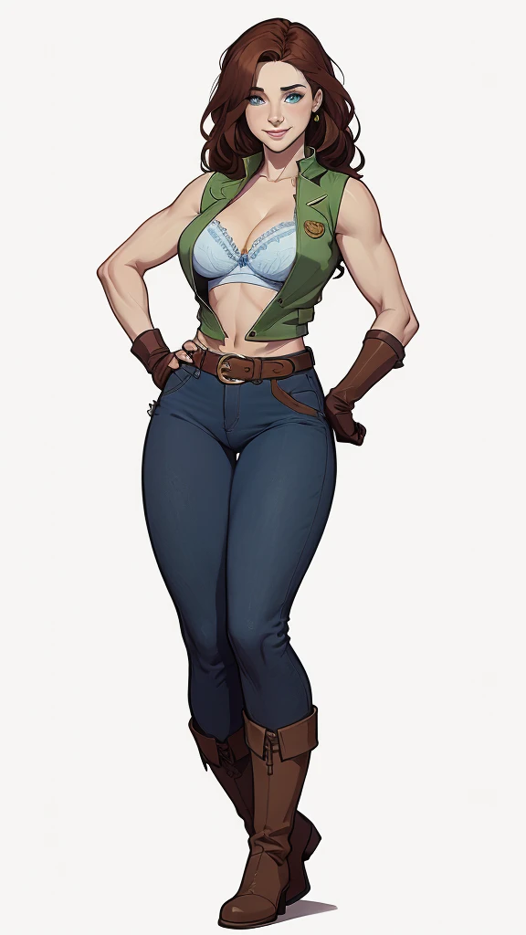 (cartoon style:1.2), Drawings of (Ginevra Molly Weasley), he used to smile, perfect green eyes, face detailed, White background, fun pose, seducing gaze,Full body wearing the Sanserina uniform, beautiful medium breasts and wonderful body cartoon style digital illustration. Wearing pantiesJennifer Connelly , , white bra, green vest, sleeveless, へそ, blue jeans, Brown boots, gloves fingerless, short gloves, slightly-smile, shorth hair, wavy hair, parted bangs, blue colored eyes, wart under the right eye, old american west, sunny desert background, waist belt, best qualityer, Obra de arte Jennifer Connelly
