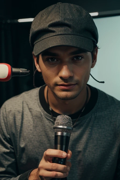 man with a cap in a YouTube channel studio and comes out with a microphone