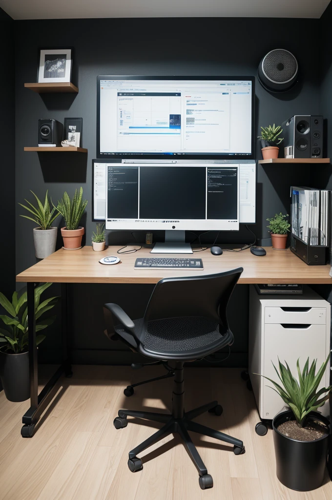 black wall office, computer, microphones, sound equipment, plants