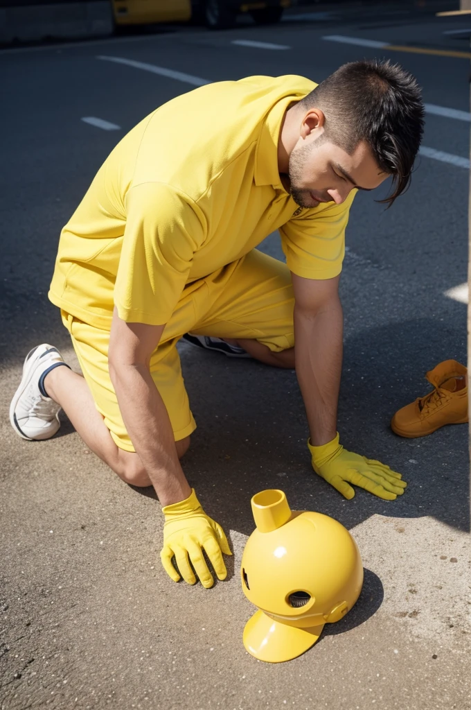 A yellow man kneels on the ground and licks a white man&#39;s ass，And white people are very unhappy。