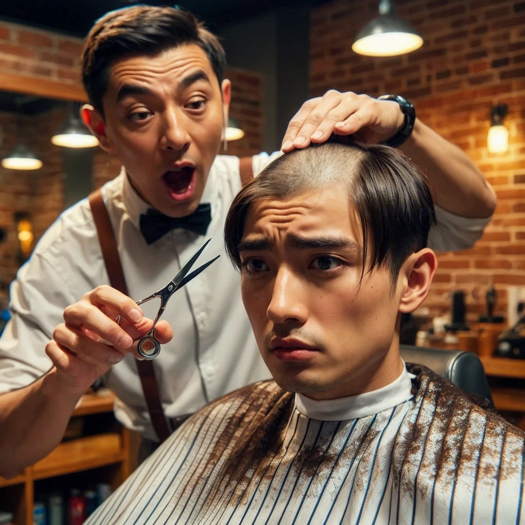 hyper realistic ,ultra detailed ,Very detailed scenes in 4K resolution asian men ,The 25 year old sat in the barber's chair with a disappointed expression.shaved the middle of his hair. A person who looked like Mr Bean next to him was holding scissors and had an exaggerated expression of surprise. The background shows a barbershop interior with brick walls and warm lighting, create a comfortable atmosphere. Exceptional clarity and detail.