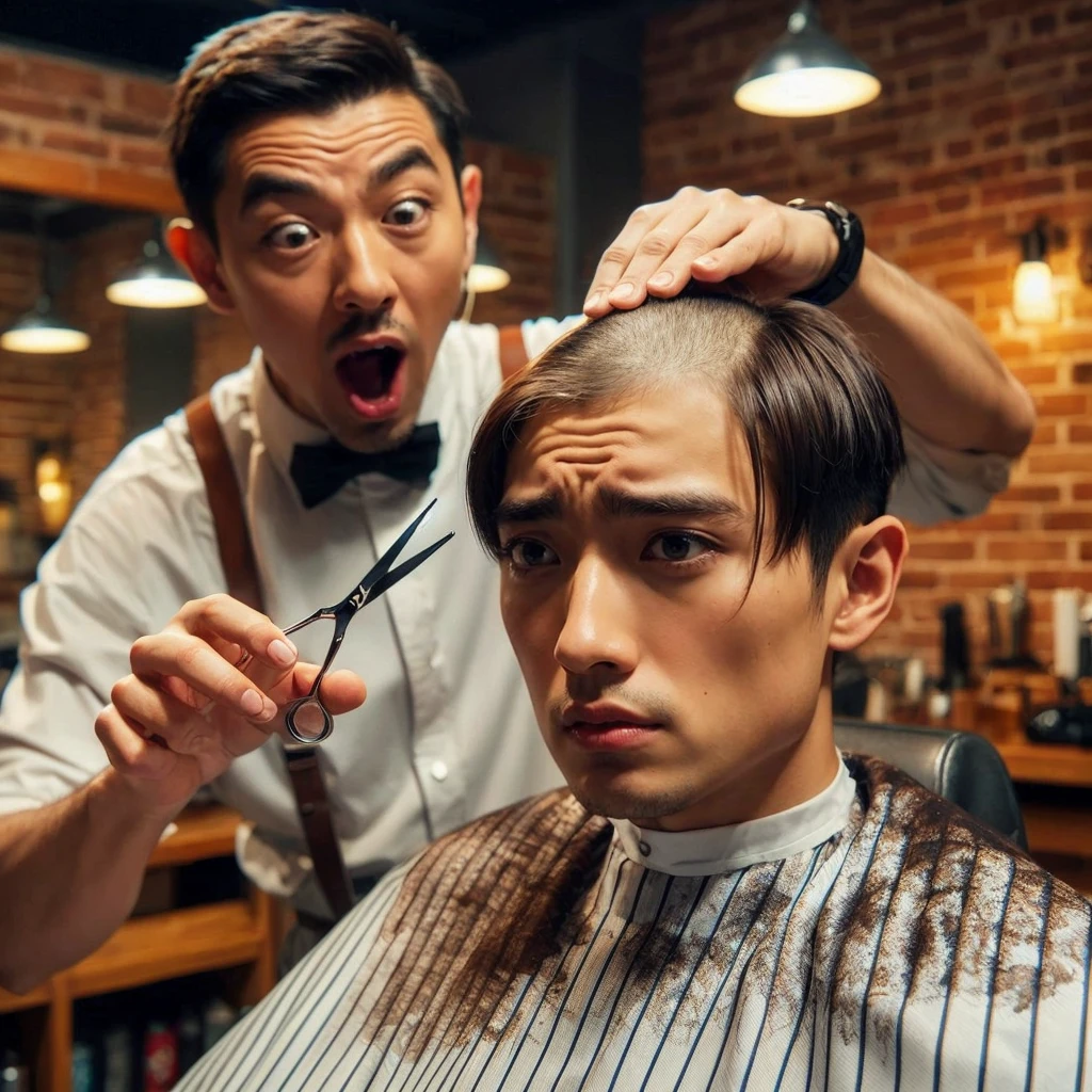 hyper realistic ,ultra detailed ,Very detailed scenes in 4K resolution asian men ,The 25 year old sat in the barber's chair with a disappointed expression.shaved the middle of his hair. A person who looked like Mr Bean next to him was holding scissors and had an exaggerated expression of surprise. The background shows a barbershop interior with brick walls and warm lighting, create a comfortable atmosphere. Exceptional clarity and detail.