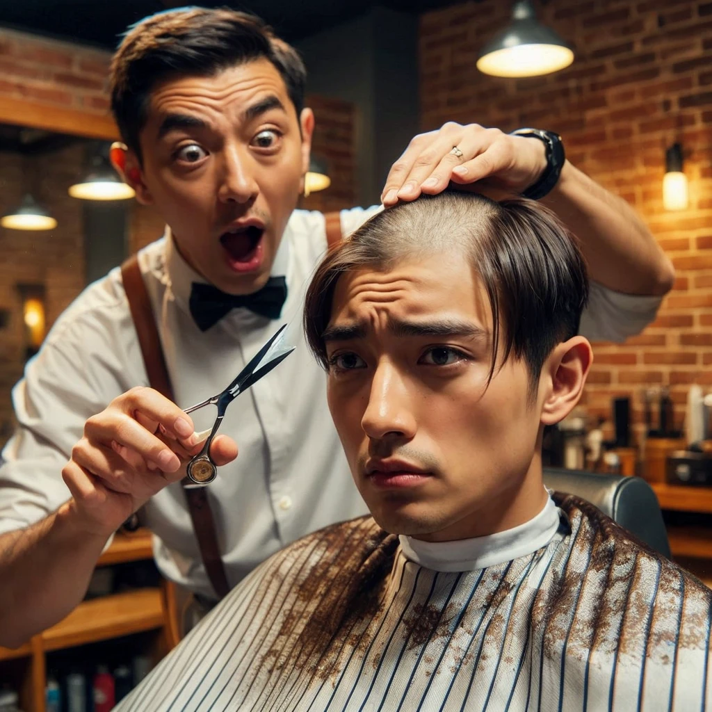 hyper realistic ,ultra detailed ,Very detailed scenes in 4K resolution asian men ,The 25 year old sat in the barber&#39;s chair with a disappointed expression.shaved the middle of his hair. A person who looked like Mr Bean next to him was holding scissors and had an exaggerated expression of surprise. The background shows a barbershop interior with brick walls and warm lighting, create a comfortable atmosphere. Exceptional clarity and detail.