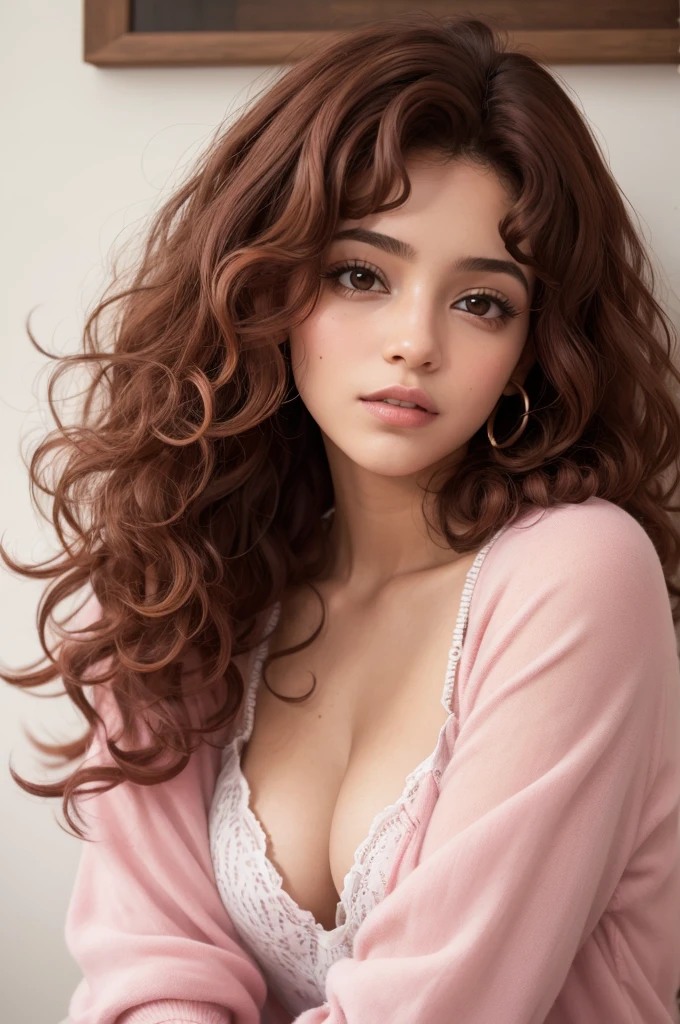 A kamilinha with curly pink brunette hair