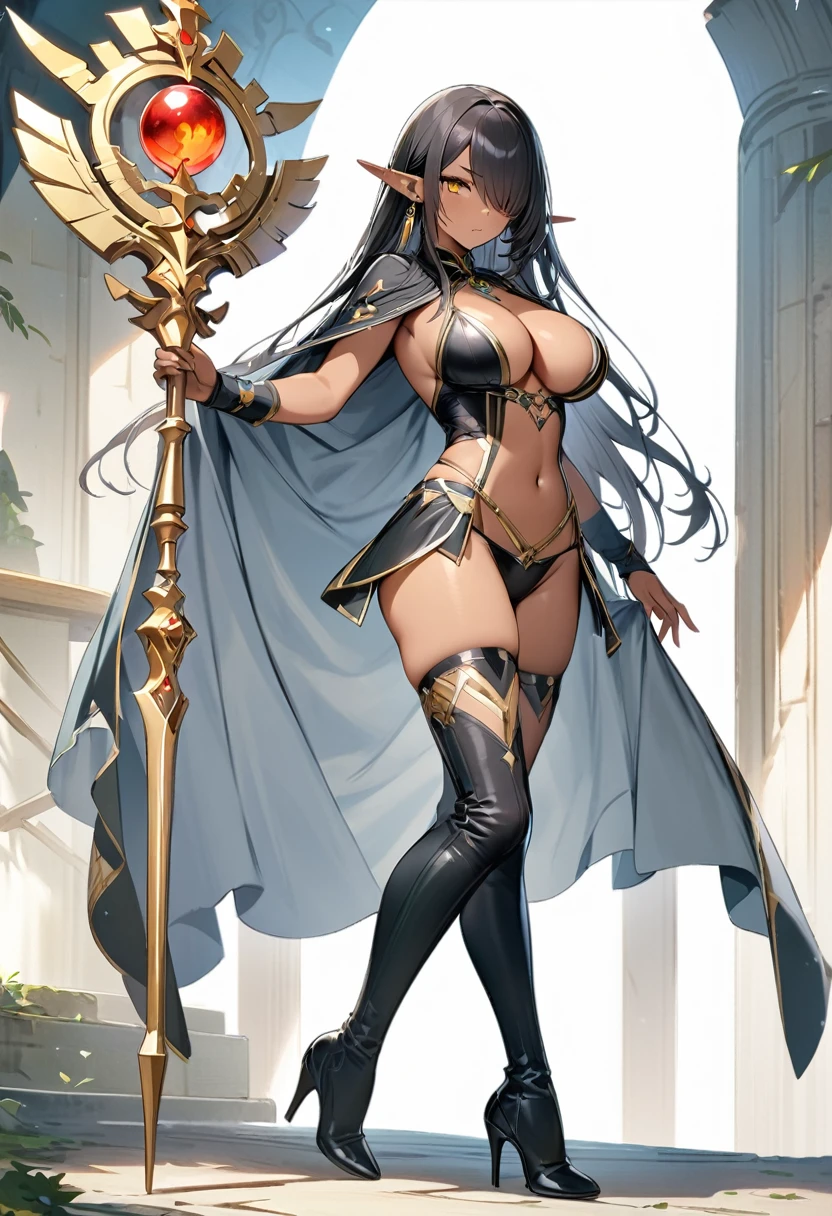 (masterpiece:1.2), (highest quality:1.2), 1girl, solo, pointy-ears, dark-skin, breasts, dark-skinned-female, staff, transparent-background, dark-elf, large-breasts, black-hair, cape, elf, earrings, full-body, jewelry, tattoo, thighhighs, hair-over-one-eye, very-long-hair, navel, yellow-eyes, high-heels, boots, underwear, cleavage, looking-at-viewer, holding, panties, revealing-clothes, standing
