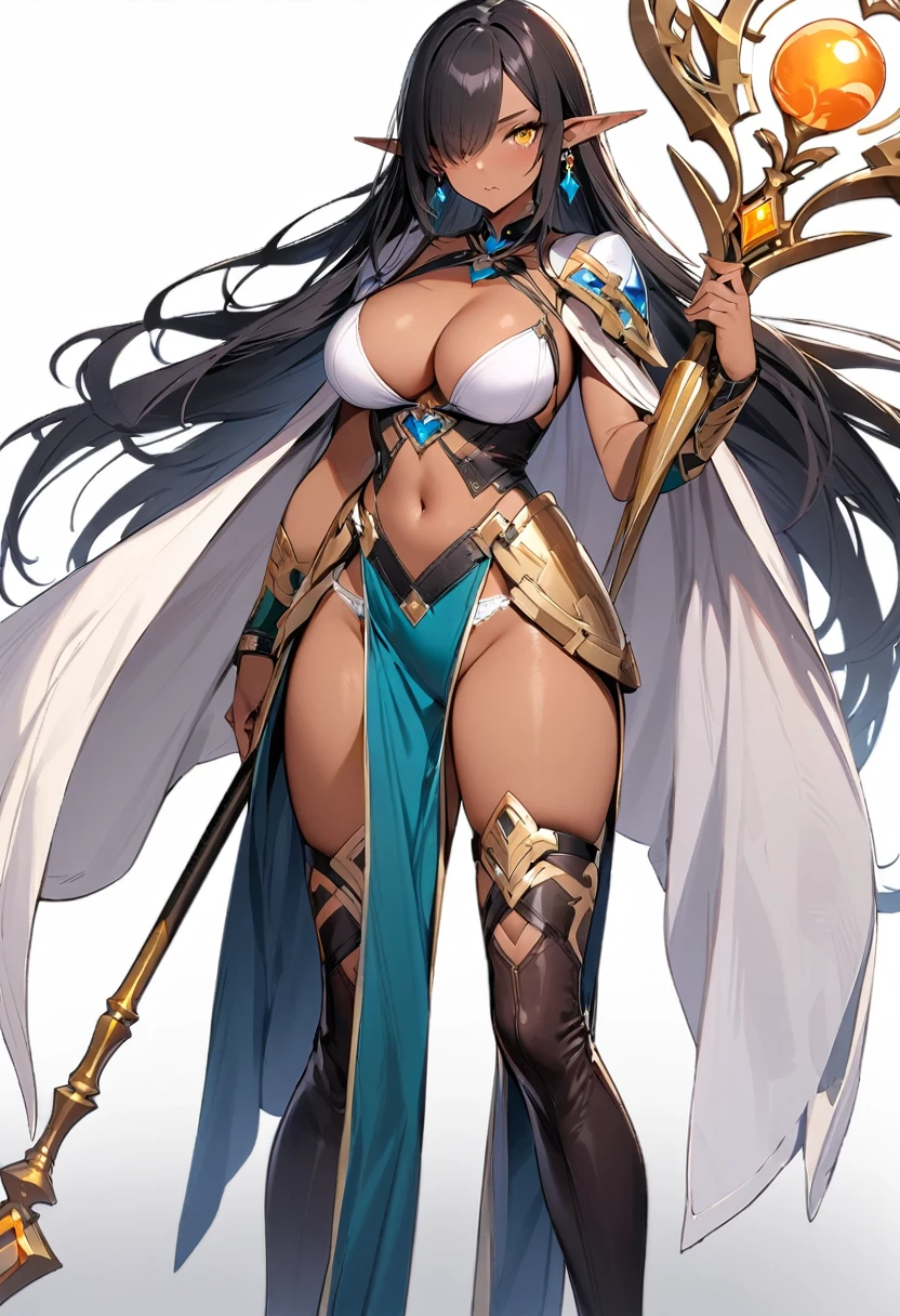 (masterpiece:1.2), (highest quality:1.2), 1girl, solo, pointy-ears, dark-skin, breasts, dark-skinned-female, staff, transparent-background, dark-elf, large-breasts, black-hair, cape, elf, earrings, full-body, jewelry, tattoo, thighhighs, hair-over-one-eye, very-long-hair, navel, yellow-eyes, high-heels, boots, underwear, cleavage, looking-at-viewer, holding, panties, revealing-clothes, standing
